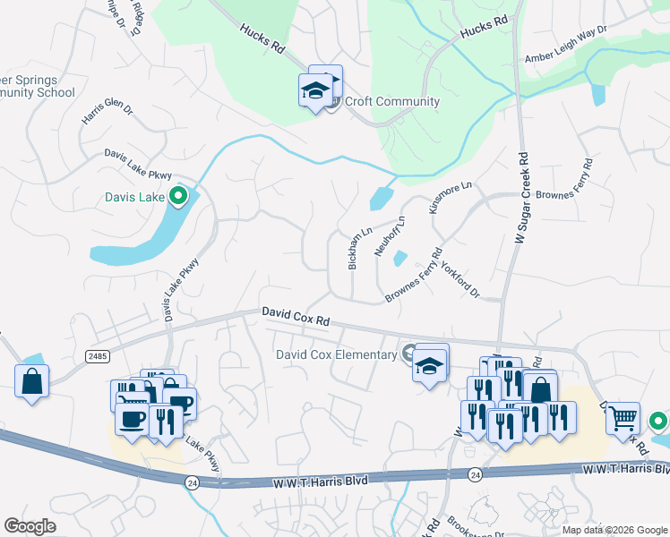 map of restaurants, bars, coffee shops, grocery stores, and more near 4805 Brownes Ferry Road in Charlotte