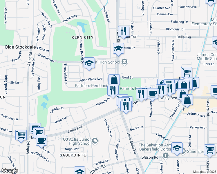 map of restaurants, bars, coffee shops, grocery stores, and more near 5400 Kirkside Drive in Bakersfield