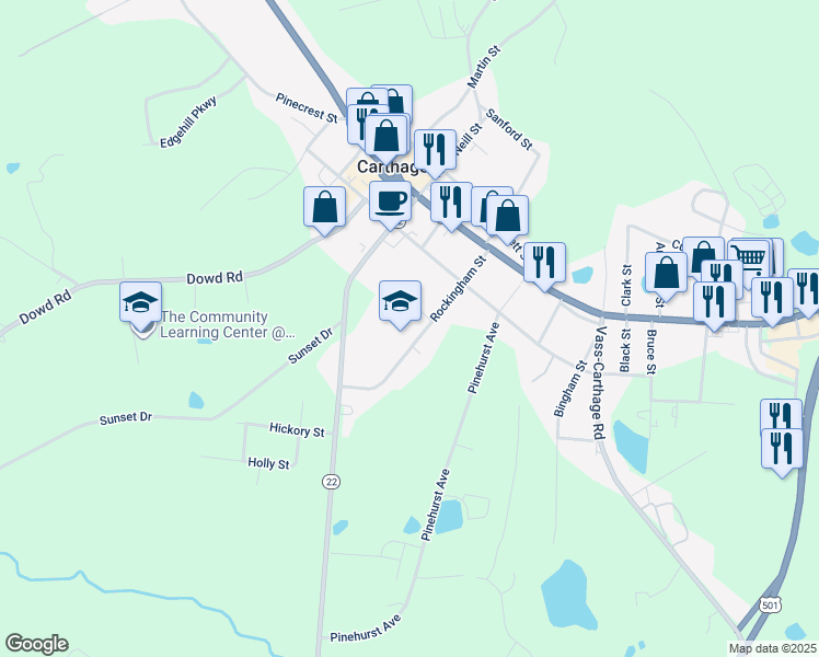 map of restaurants, bars, coffee shops, grocery stores, and more near 312 Rockingham Street in Carthage