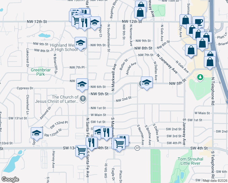 map of restaurants, bars, coffee shops, grocery stores, and more near 1005 Northwest 6th Street in Moore