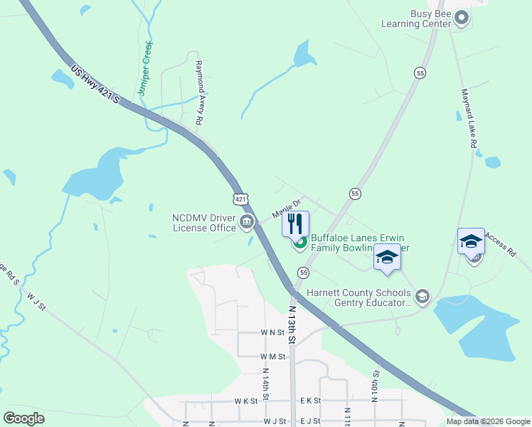 map of restaurants, bars, coffee shops, grocery stores, and more near 207 Cedar Wood Drive in Erwin