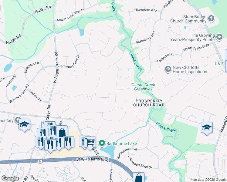 map of restaurants, bars, coffee shops, grocery stores, and more near 12324 Mallard Ridge Drive in Charlotte