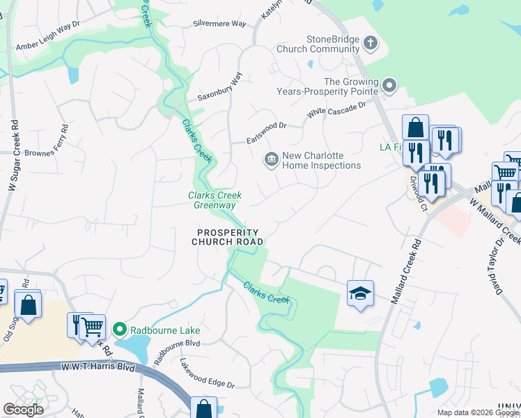 map of restaurants, bars, coffee shops, grocery stores, and more near 3407 Armitage Drive in Charlotte
