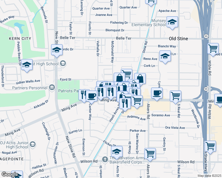 map of restaurants, bars, coffee shops, grocery stores, and more near 1415 McDonald Way in Bakersfield