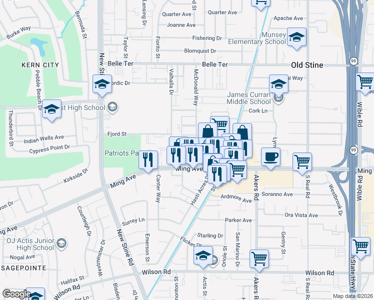 map of restaurants, bars, coffee shops, grocery stores, and more near 1415 McDonald Way in Bakersfield