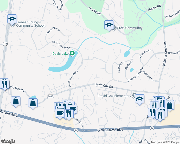map of restaurants, bars, coffee shops, grocery stores, and more near 4724 David Cox Road in Charlotte
