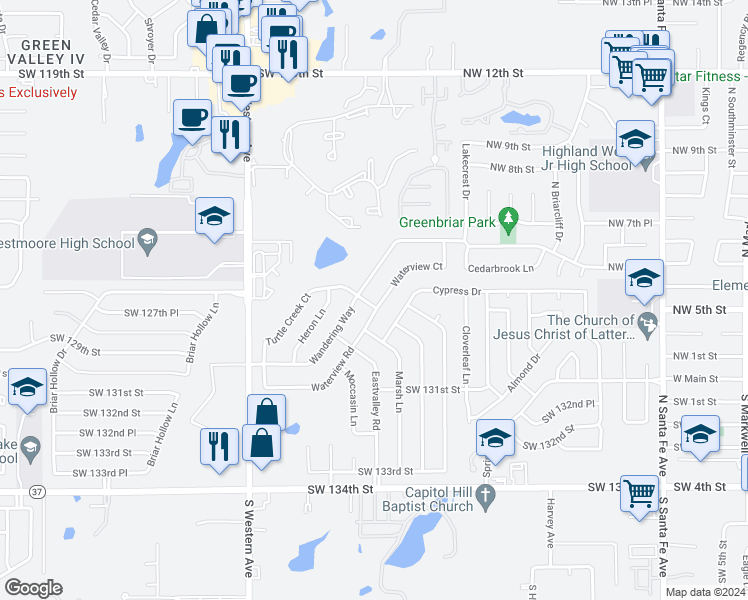 map of restaurants, bars, coffee shops, grocery stores, and more near 925 Waterview Court in Oklahoma City