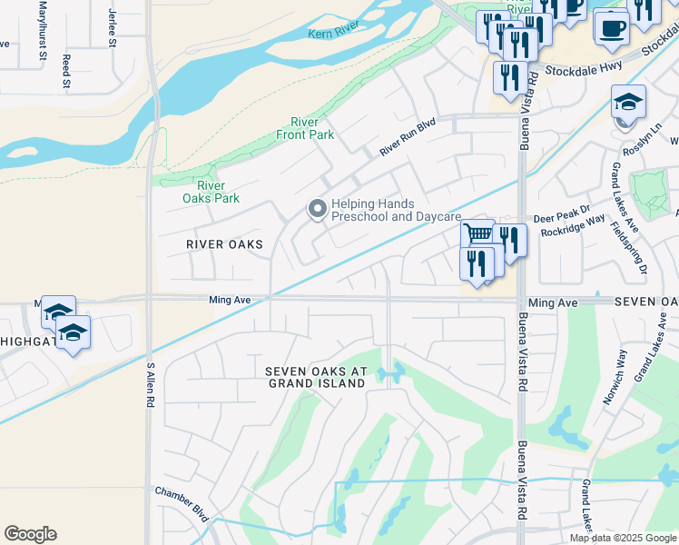map of restaurants, bars, coffee shops, grocery stores, and more near 12104 Grecian Laurel Street in Bakersfield