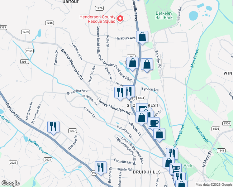 map of restaurants, bars, coffee shops, grocery stores, and more near 212 Merriman Road in Hendersonville