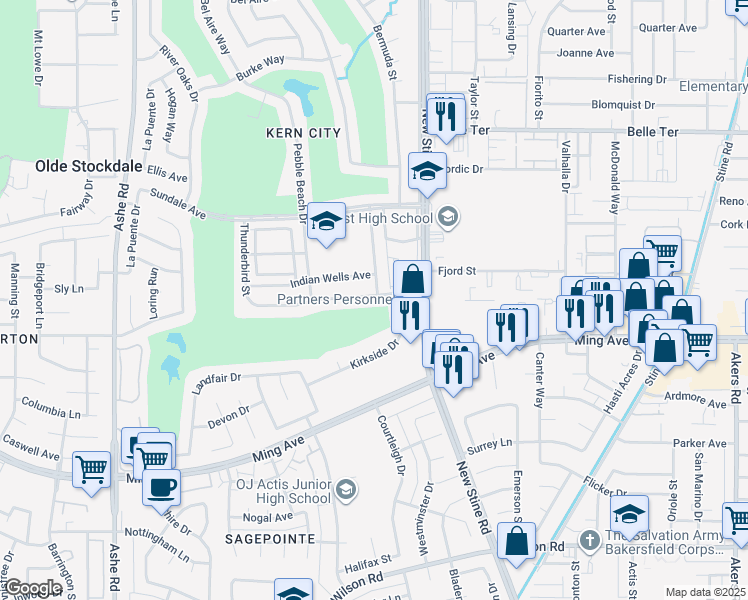 map of restaurants, bars, coffee shops, grocery stores, and more near 5717 Cypress Point Drive in Bakersfield