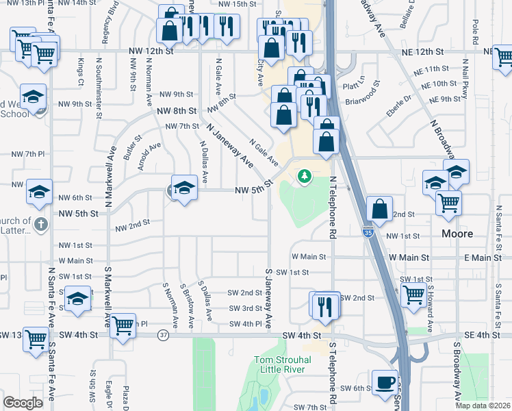 map of restaurants, bars, coffee shops, grocery stores, and more near 509 Rock Place in Moore