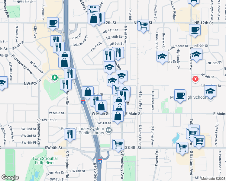 map of restaurants, bars, coffee shops, grocery stores, and more near 123 Northwest 2nd Street in Moore