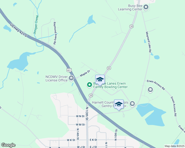 map of restaurants, bars, coffee shops, grocery stores, and more near in Erwin
