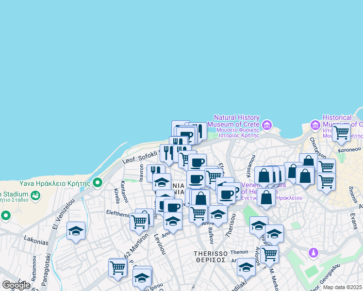 map of restaurants, bars, coffee shops, grocery stores, and more near Leoforos Sofokli Venizelou in Crete