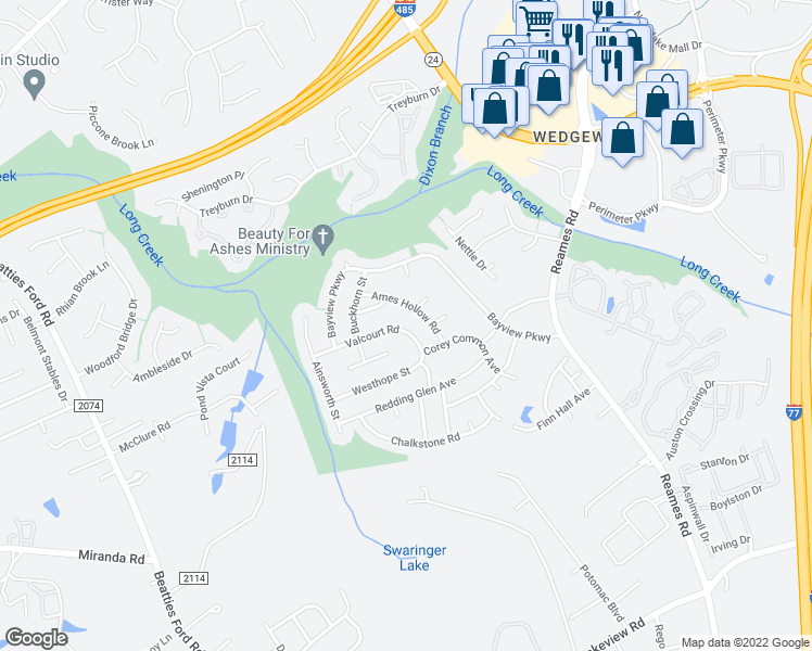 map of restaurants, bars, coffee shops, grocery stores, and more near 5126 Valcourt Road in Charlotte