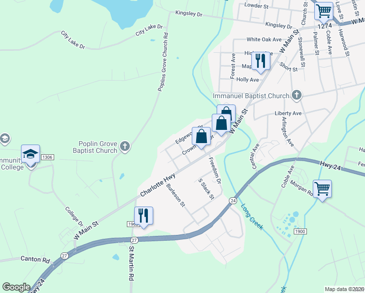 map of restaurants, bars, coffee shops, grocery stores, and more near 2126 Edgewood Drive in Albemarle