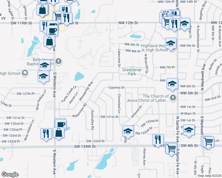 map of restaurants, bars, coffee shops, grocery stores, and more near 529 Cypress Drive in Oklahoma City