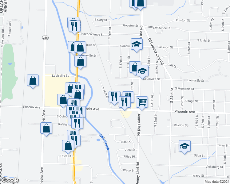 map of restaurants, bars, coffee shops, grocery stores, and more near 1615 Osage Street in Fort Smith