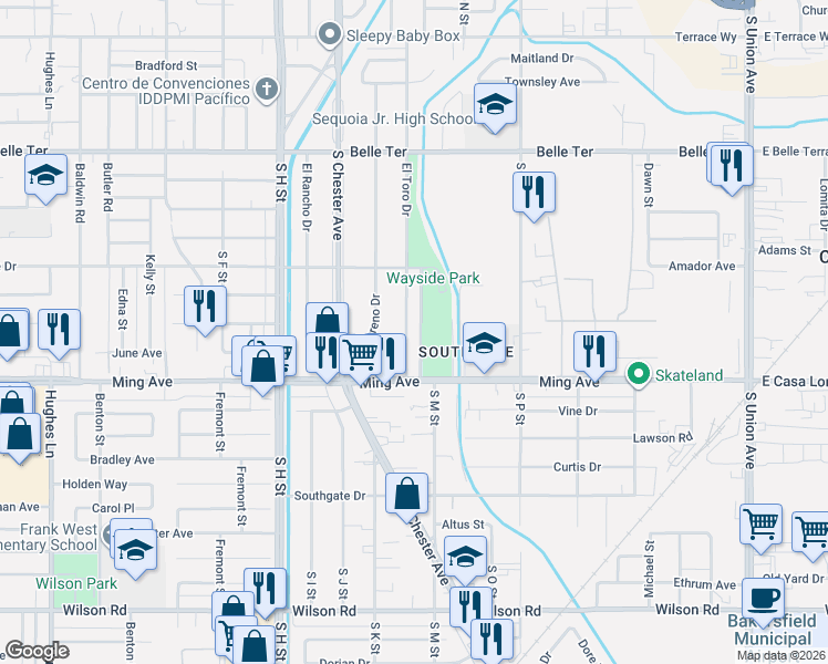 map of restaurants, bars, coffee shops, grocery stores, and more near 1416 El Toro Drive in Bakersfield