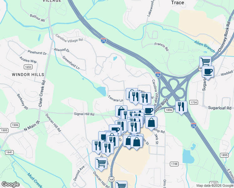 map of restaurants, bars, coffee shops, grocery stores, and more near 106 Terrace Lane in Hendersonville