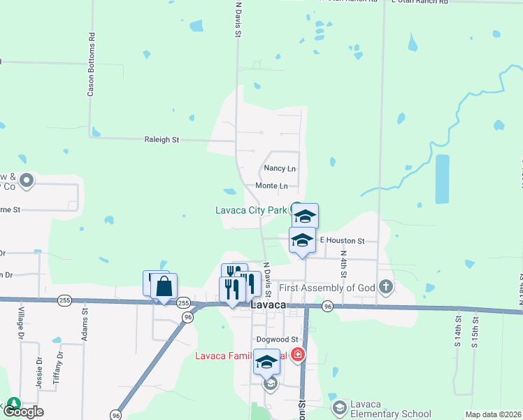 map of restaurants, bars, coffee shops, grocery stores, and more near 1108 North Davis Street in Lavaca