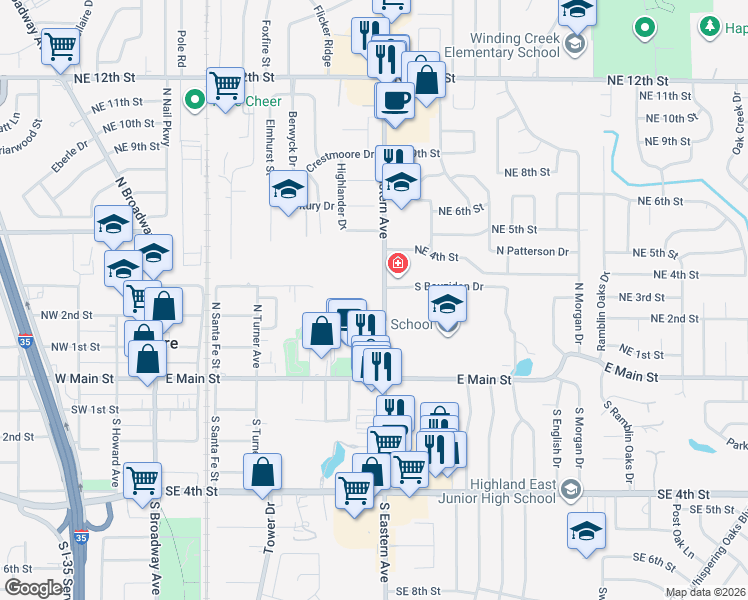 map of restaurants, bars, coffee shops, grocery stores, and more near 329-499 N Eastern Ave in Moore