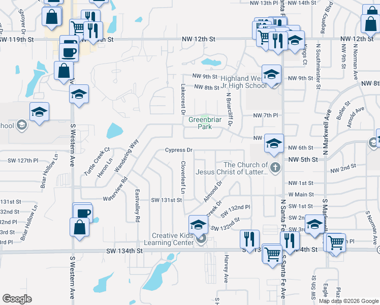map of restaurants, bars, coffee shops, grocery stores, and more near 329 Cypress Drive in Oklahoma City
