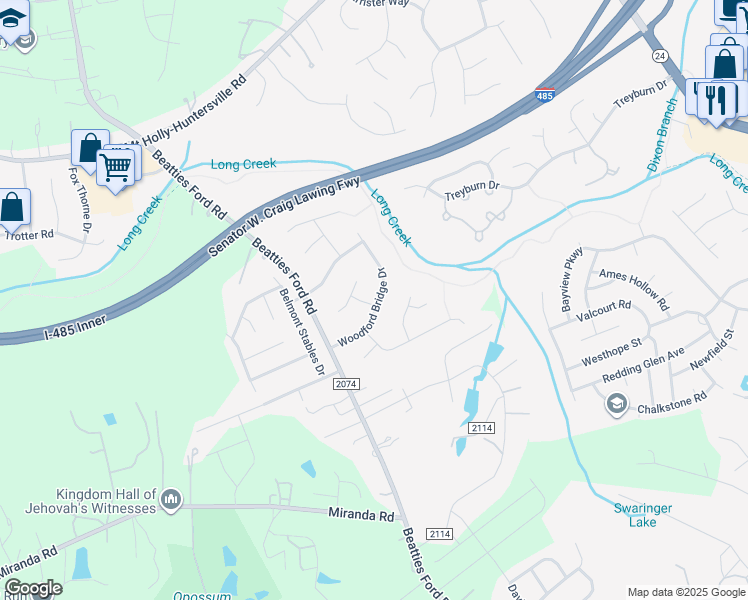 map of restaurants, bars, coffee shops, grocery stores, and more near 8425 Woodford Bridge Drive in Charlotte