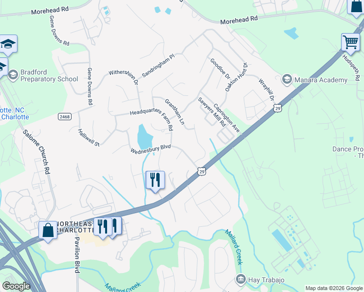 map of restaurants, bars, coffee shops, grocery stores, and more near 300 Wednesbury Boulevard in Charlotte