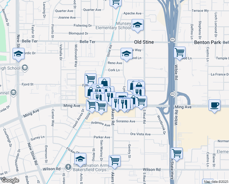 map of restaurants, bars, coffee shops, grocery stores, and more near 4005 Madrid Avenue in Bakersfield