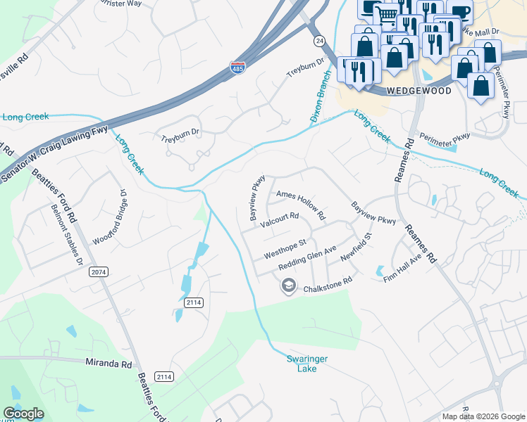 map of restaurants, bars, coffee shops, grocery stores, and more near 8707 Buckhorn Street in Charlotte
