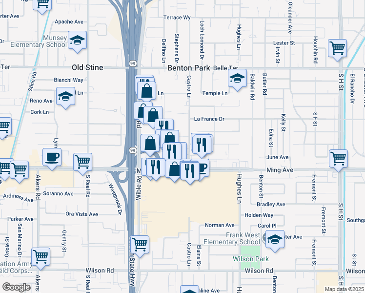 map of restaurants, bars, coffee shops, grocery stores, and more near 1203 Castro Lane in Bakersfield