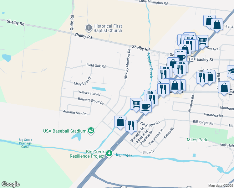 map of restaurants, bars, coffee shops, grocery stores, and more near 7879 Hickory Meadow Road in Millington