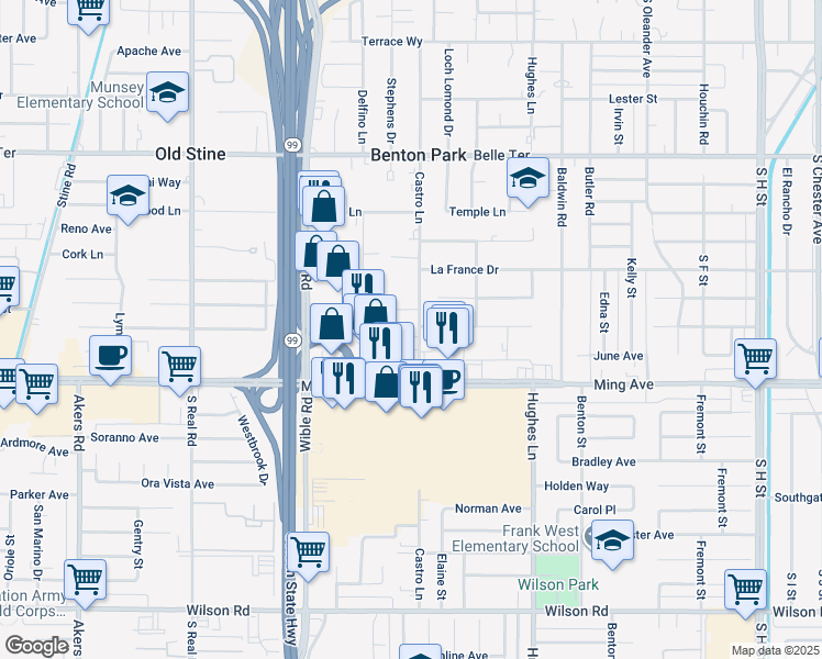 map of restaurants, bars, coffee shops, grocery stores, and more near 1203 Castro Lane in Bakersfield