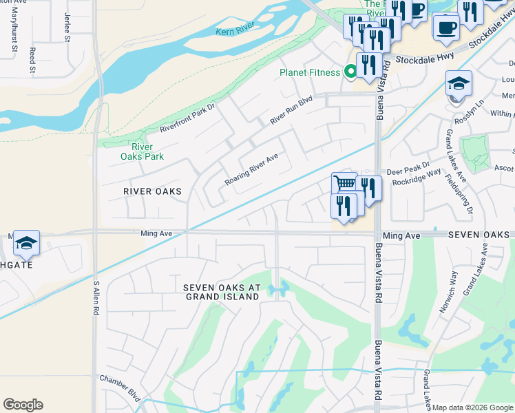 map of restaurants, bars, coffee shops, grocery stores, and more near 12017 Sandy River Court in Bakersfield