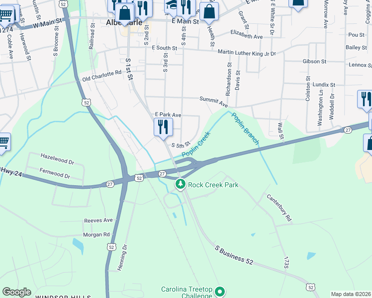 map of restaurants, bars, coffee shops, grocery stores, and more near 751 South 5th Street in Albemarle