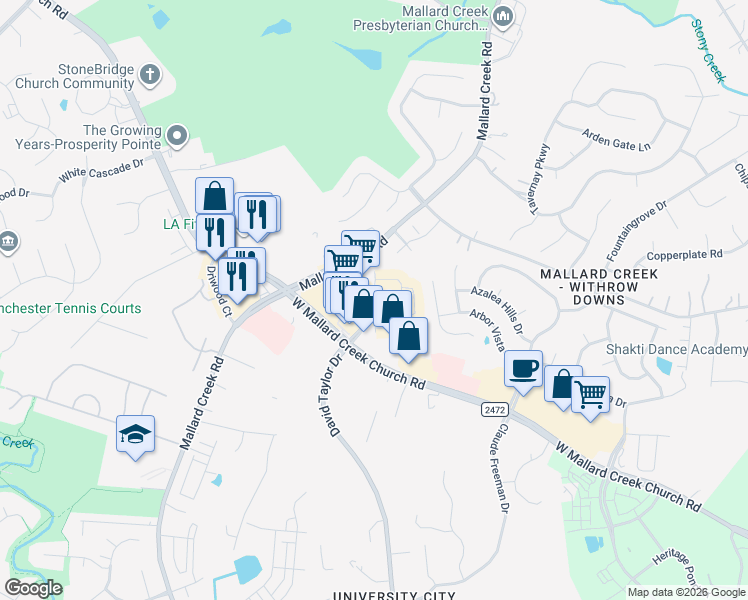 map of restaurants, bars, coffee shops, grocery stores, and more near 12012 David Taylor Drive in Charlotte