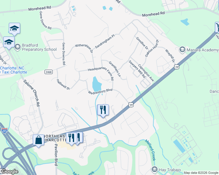 map of restaurants, bars, coffee shops, grocery stores, and more near 340 Wednesbury Blvd in Charlotte