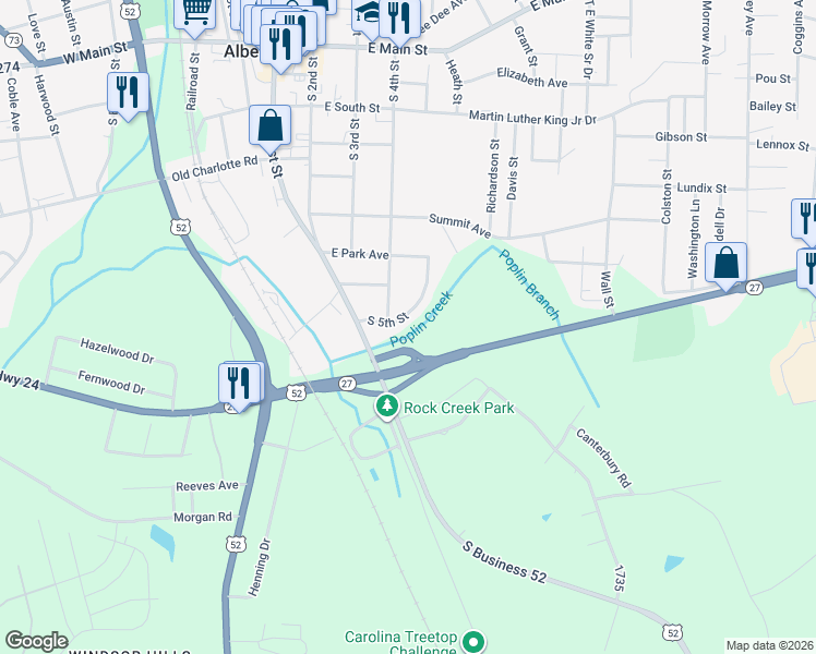 map of restaurants, bars, coffee shops, grocery stores, and more near 751 South 5th Street in Albemarle