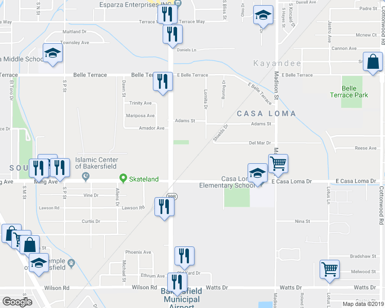 map of restaurants, bars, coffee shops, grocery stores, and more near 1212 South Union Avenue in Bakersfield