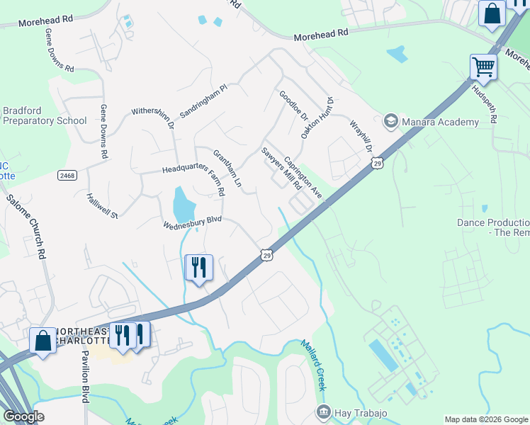 map of restaurants, bars, coffee shops, grocery stores, and more near 410 Sawyers Mill Road in Charlotte