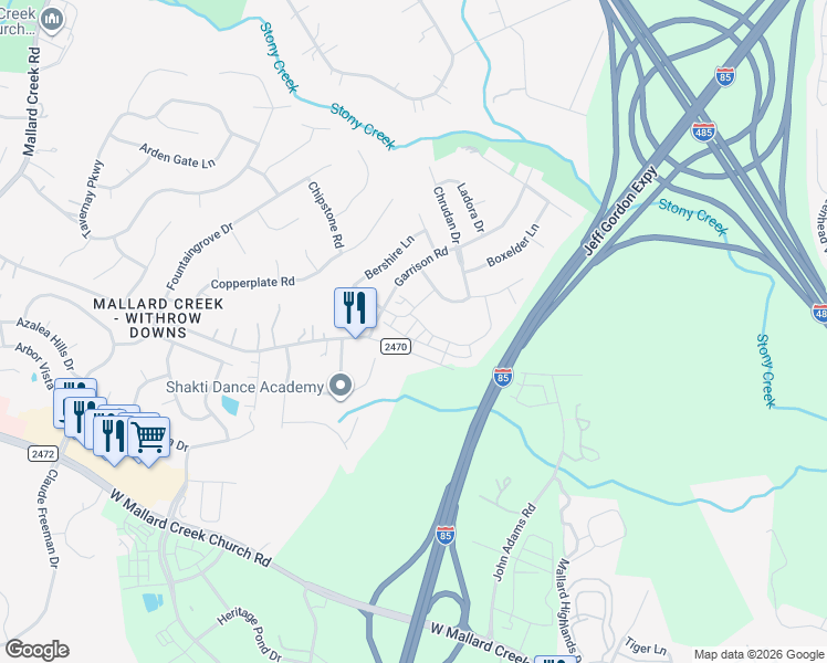 map of restaurants, bars, coffee shops, grocery stores, and more near 1500 Galloway Road in Charlotte