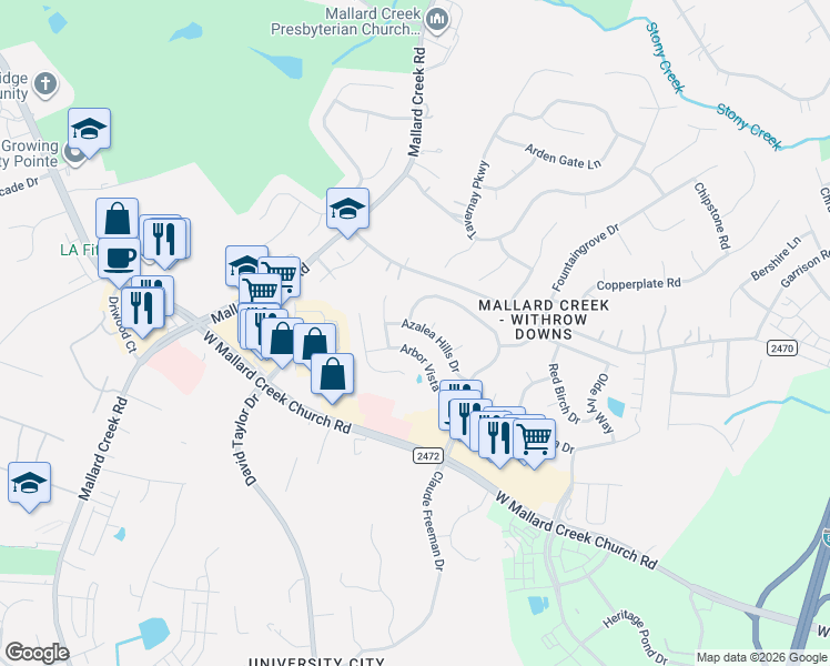 map of restaurants, bars, coffee shops, grocery stores, and more near 3029 Azalea Hills Drive in Charlotte