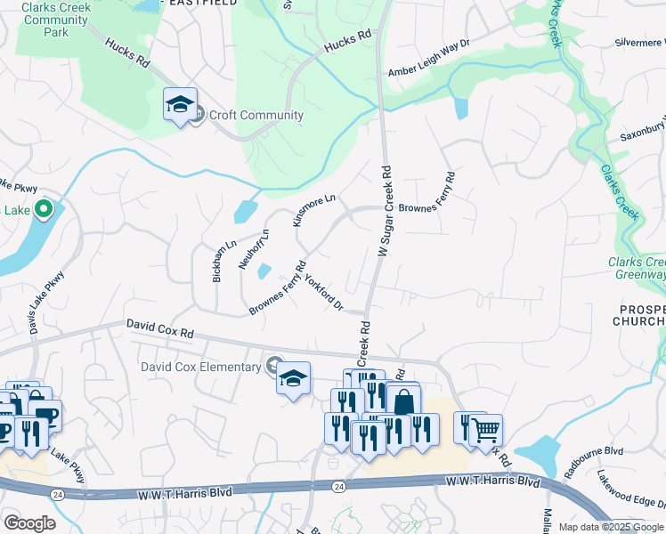 map of restaurants, bars, coffee shops, grocery stores, and more near 7101 Milhof Court in Charlotte