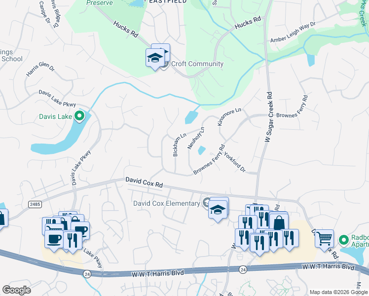 map of restaurants, bars, coffee shops, grocery stores, and more near 6826 Bickham Lane in Charlotte