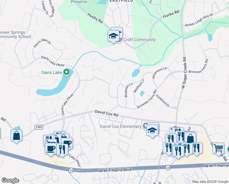 map of restaurants, bars, coffee shops, grocery stores, and more near 4805 Brownes Ferry Road in Charlotte