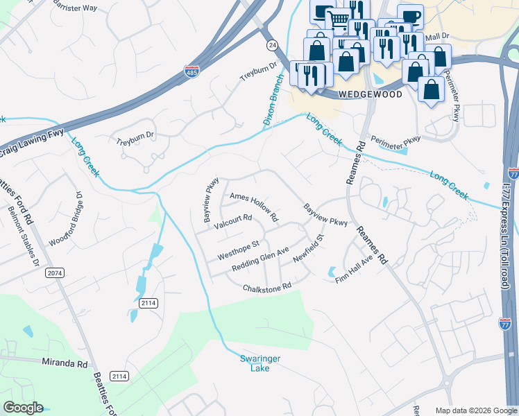 map of restaurants, bars, coffee shops, grocery stores, and more near 9226 Ames Hollow Road in Charlotte
