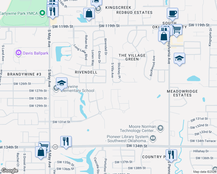 map of restaurants, bars, coffee shops, grocery stores, and more near 2500 Southwest 125th Street in Oklahoma City