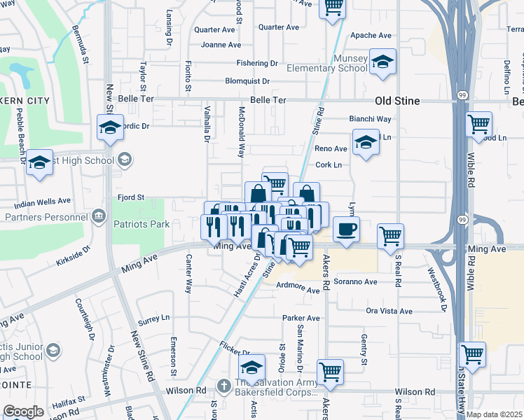 map of restaurants, bars, coffee shops, grocery stores, and more near 4422 Ming Avenue in Bakersfield