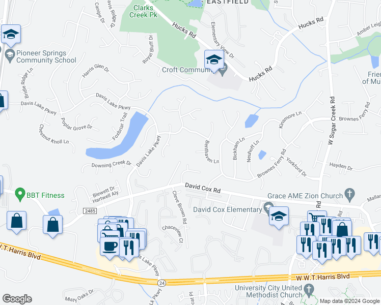 map of restaurants, bars, coffee shops, grocery stores, and more near 9016 Coleshire Court in Charlotte
